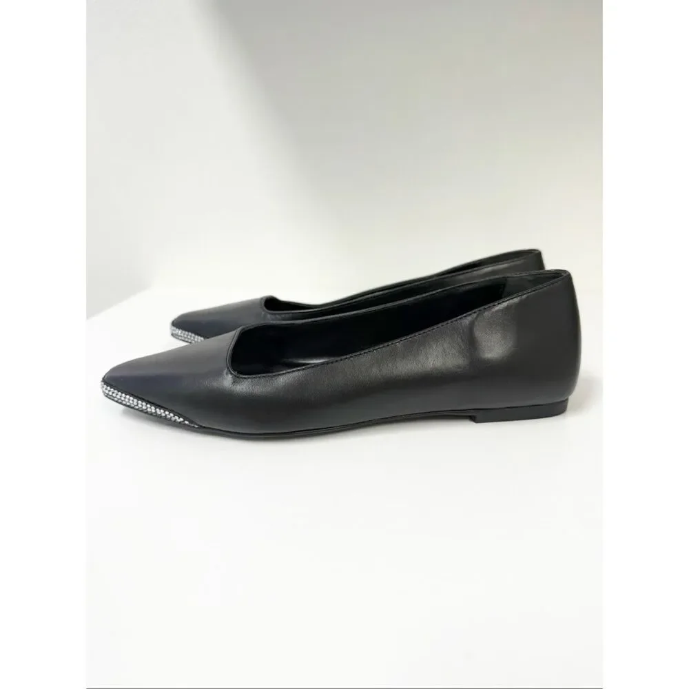 Black Suede Studio Womens Black Leather Aria Embellished Toe Cap Flats Size 5.5